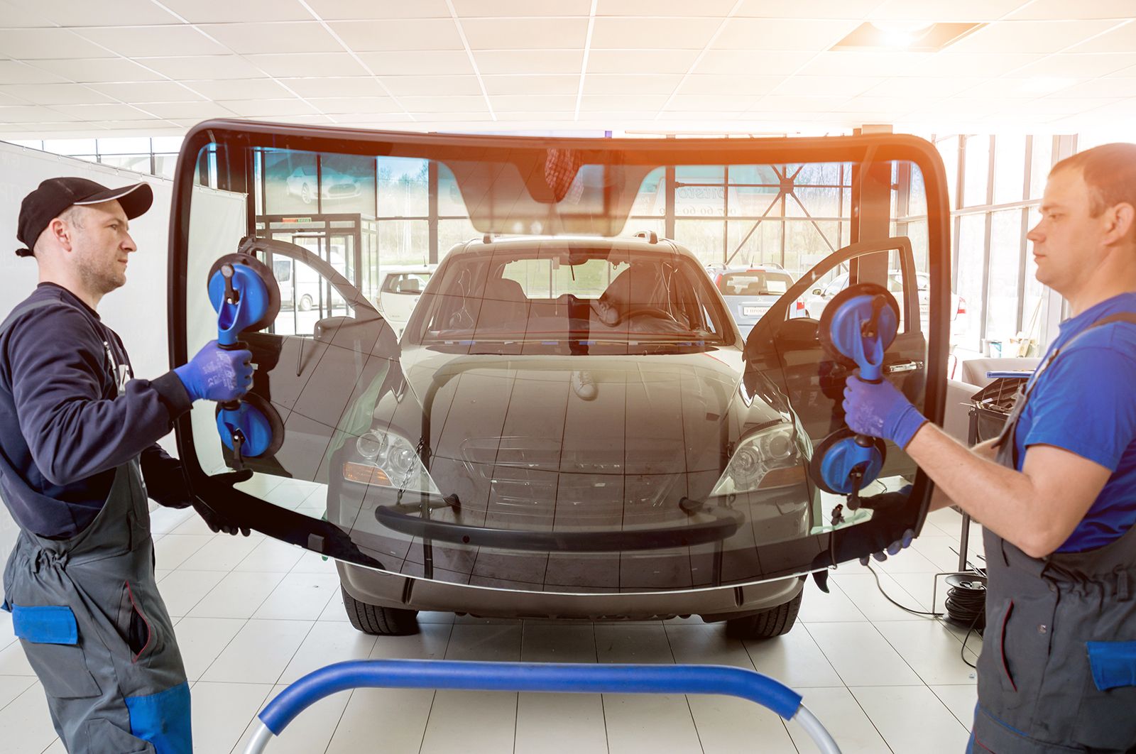 2 Männer tragen eine Glasscheibe